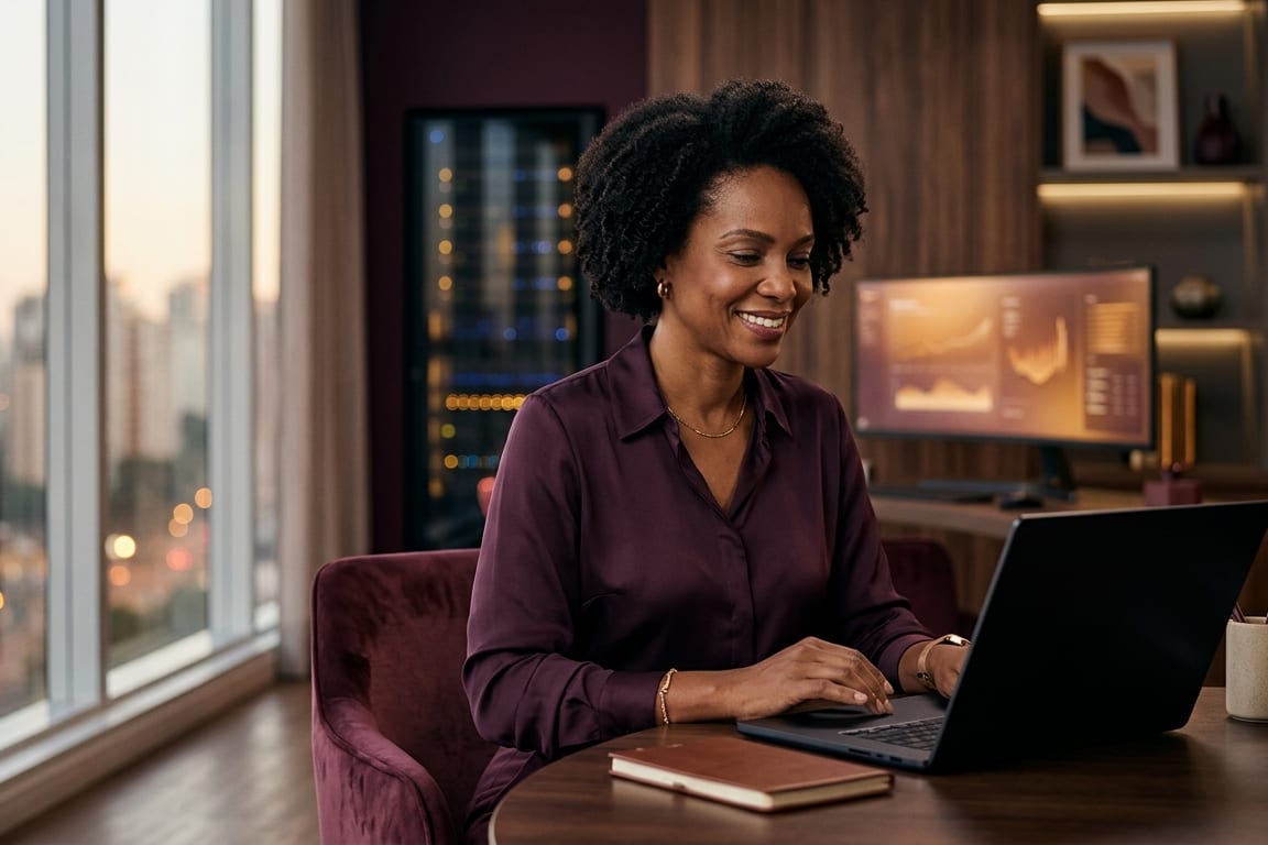 Mulher usando inteligência artificial e tecnologia a seu favor